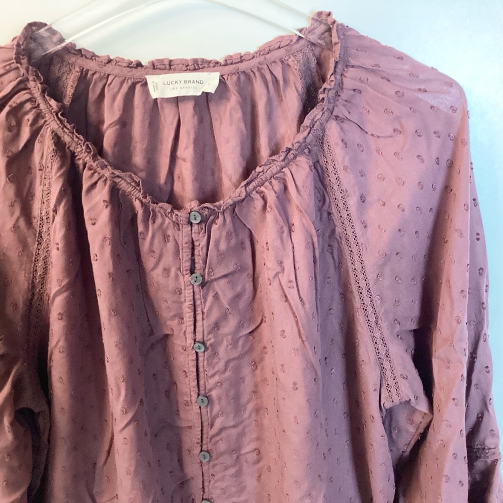Lucky Brand Long Sleeve Swiss Dot Bubble Hem Peasant Top - Rose Brown - L - Picture 3 of 10